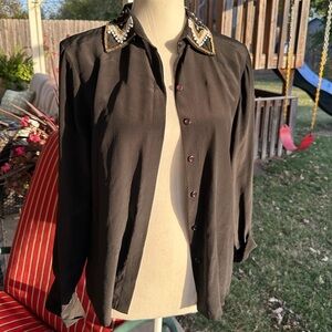 Beaded Embellished Black Silk Button Down Shirt